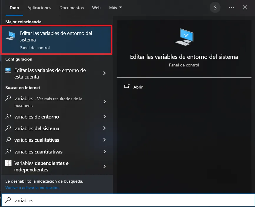 abrir la opcion de Editar las variables de entorno del sistema