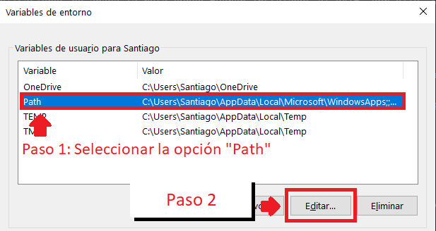 Seleccionar "Path" y luego botón "Editar"
