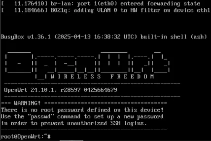 Bienvenida de OpenWRT al iniciar la VM