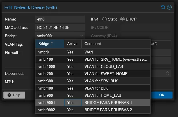 Menú de conexión a bridge virtuales