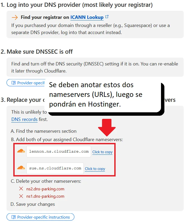 Anotar los dos nameservers de Cloudflare