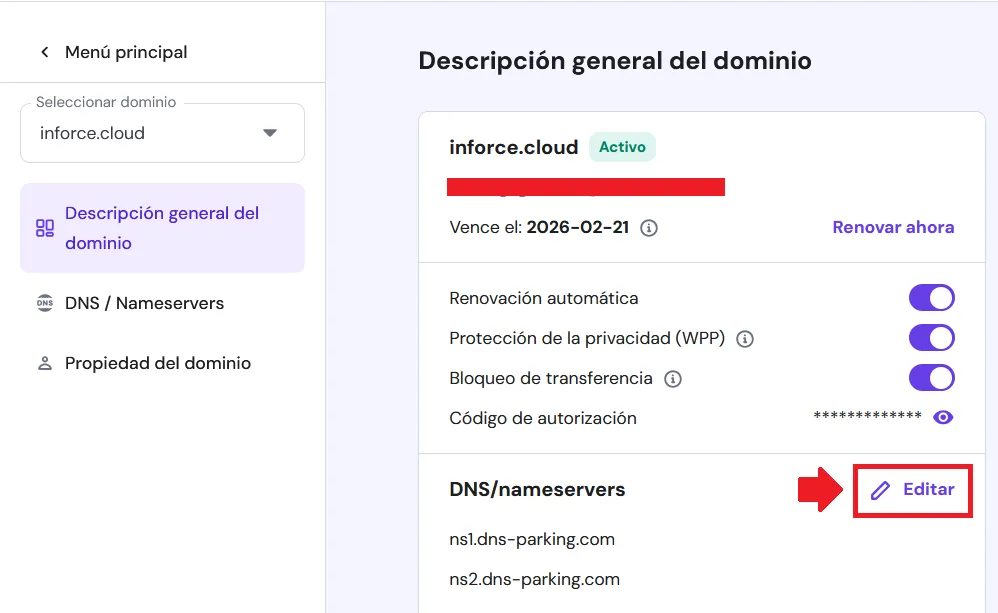 Editar DNS en Hostinger