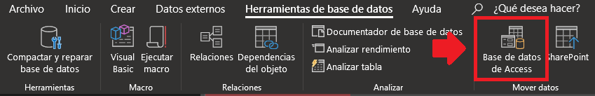 Presionar el botón "Base de datos de Access" bajo la pestaña "Herramientas de la base de datos", para iniciar con la división