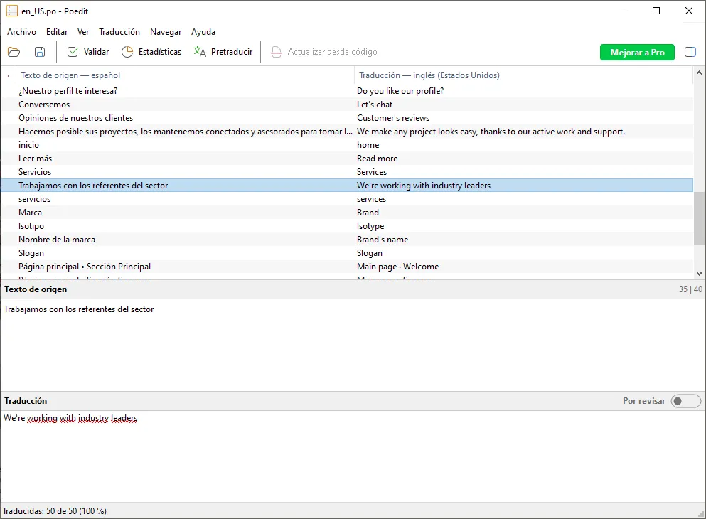 Así podemos comenzar con la traducción