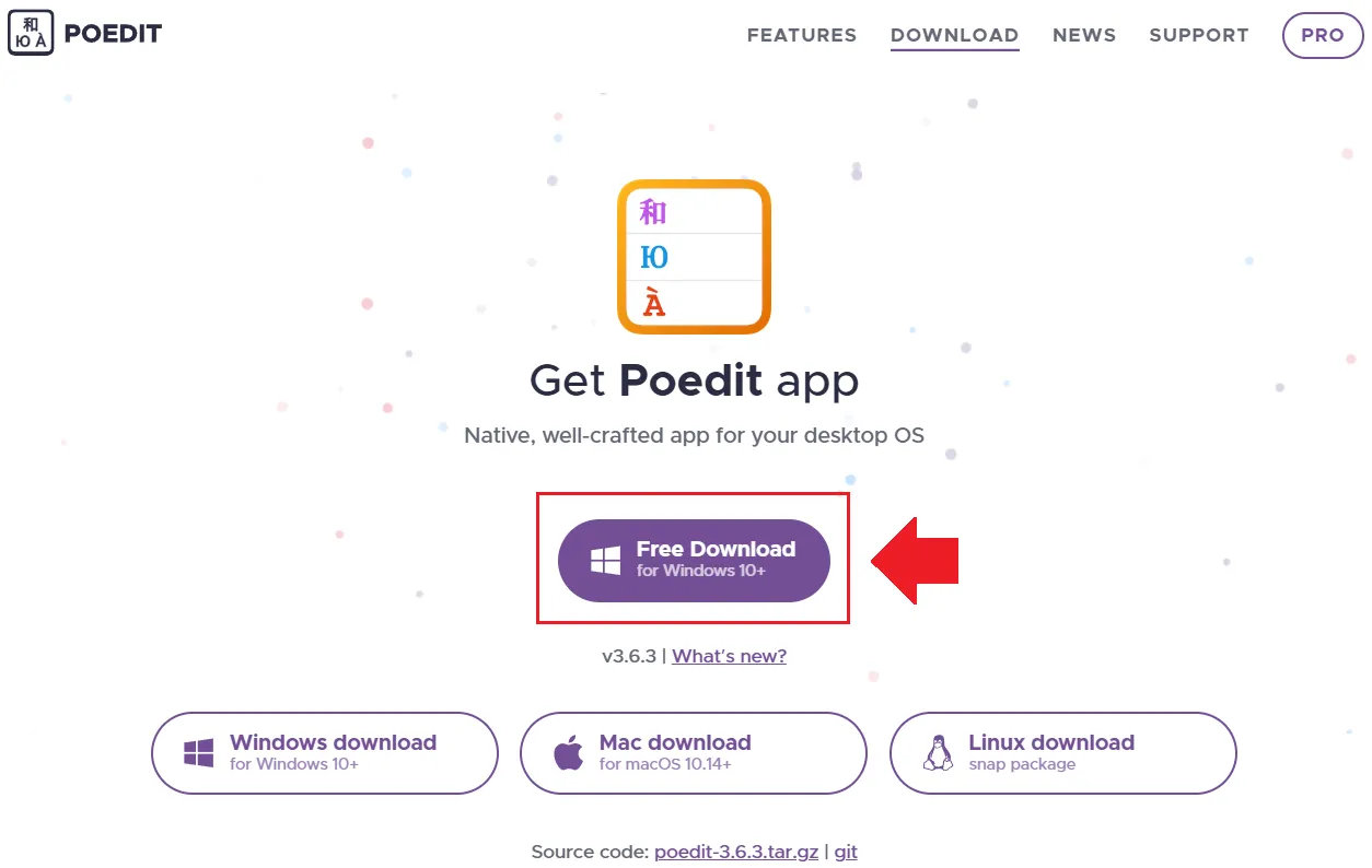 Botón de descarga de Poedit para Windows 10 y superiores